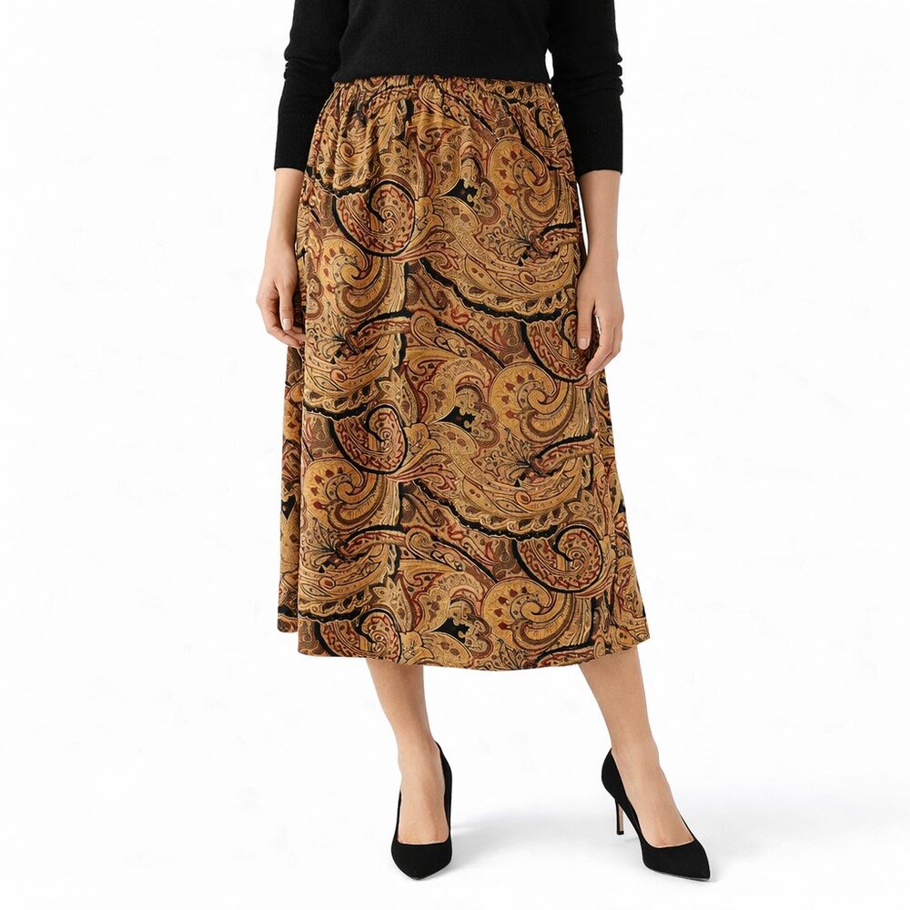BON WORTH Women's Elegant Midi Skirt Medium Brown Gold Black Office